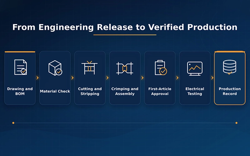 Controlled wire harness manufacturing work instruction workflow