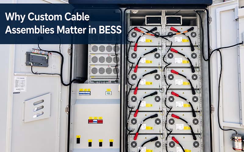 Custom high-voltage cable assemblies inside a battery energy storage cabinet