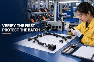 Inspector verifying a first article wire harness before high-mix batch release