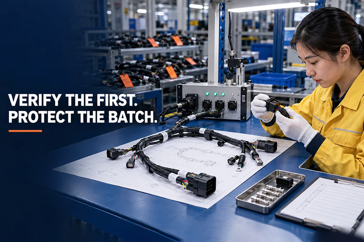 Inspector verifying a first article wire harness before high-mix batch release