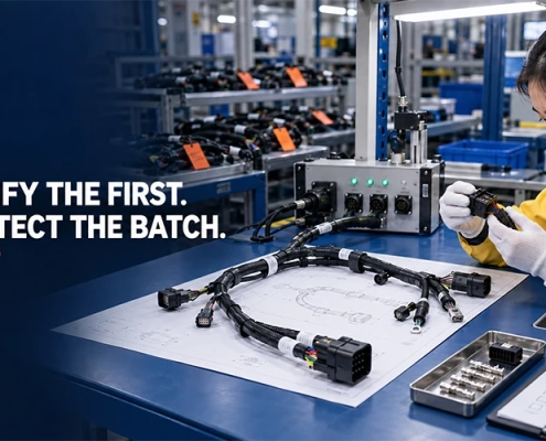 Inspector verifying a first article wire harness before high-mix batch release