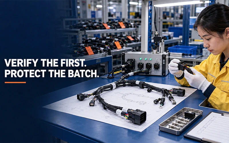 Inspector verifying a first article wire harness before high-mix batch release