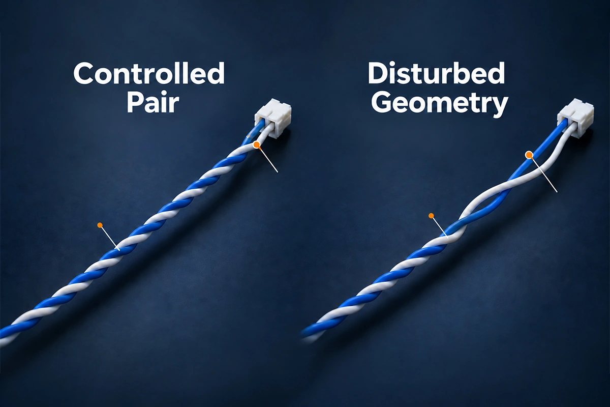 Twisted pair wire harness with controlled twist pitch and termination geometry