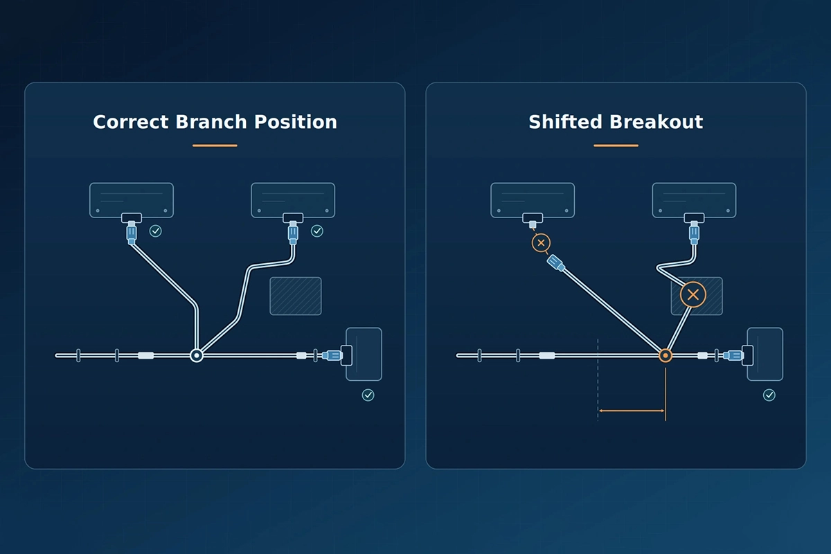 Wire harness branch point tolerance affecting connector reach and installation fit