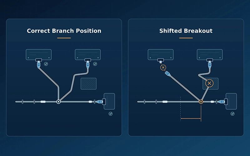 Wire harness branch point tolerance affecting connector reach and installation fit
