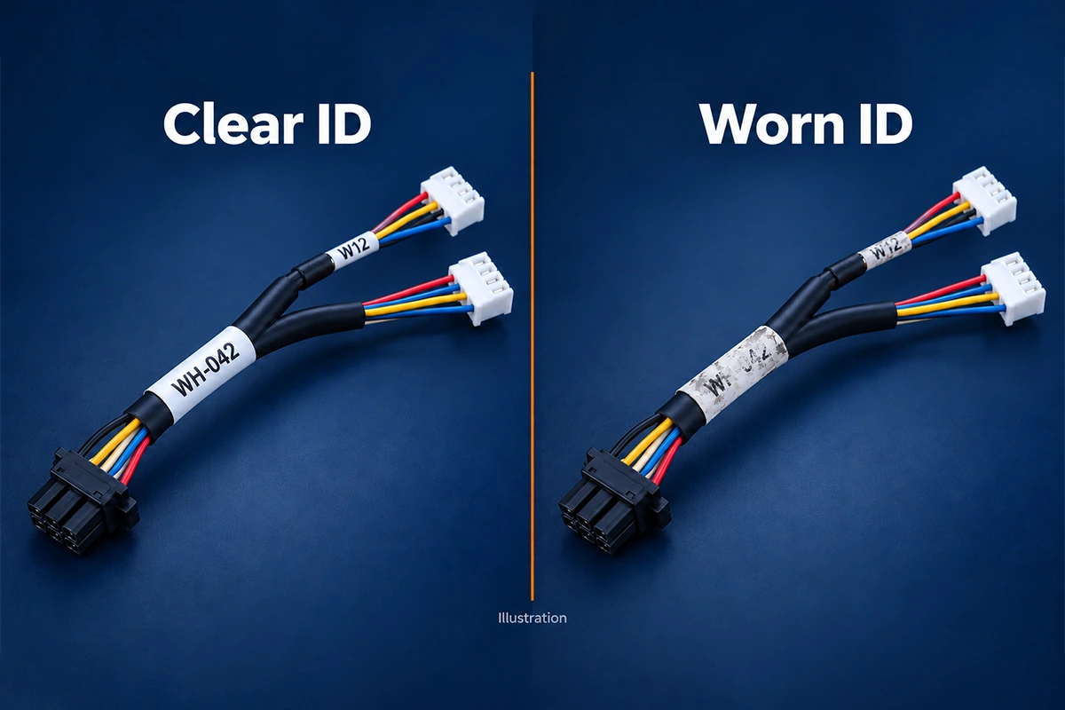Wire harness identification labels showing clear and worn industrial cable markers
