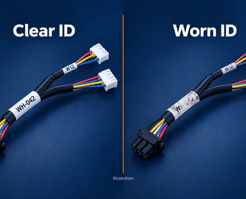 Wire harness identification labels showing clear and worn industrial cable markers