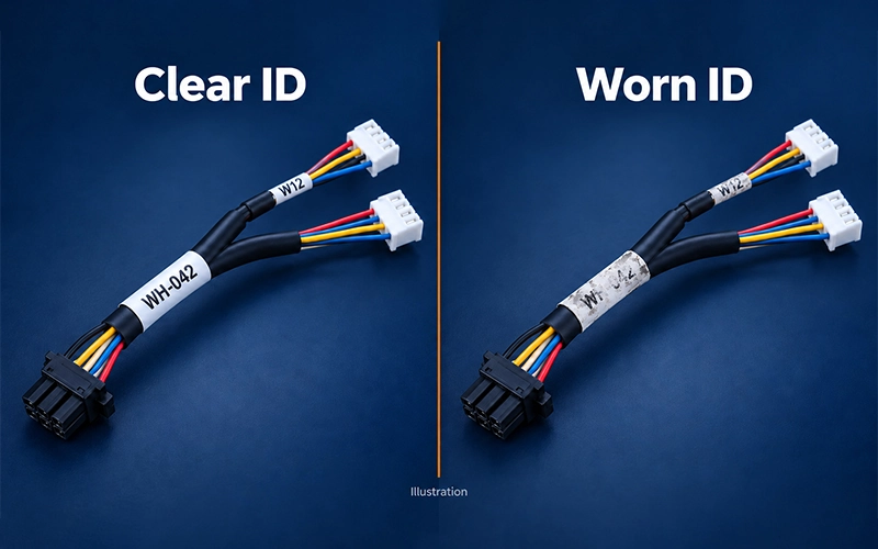 Wire harness identification labels showing clear and worn industrial cable markers